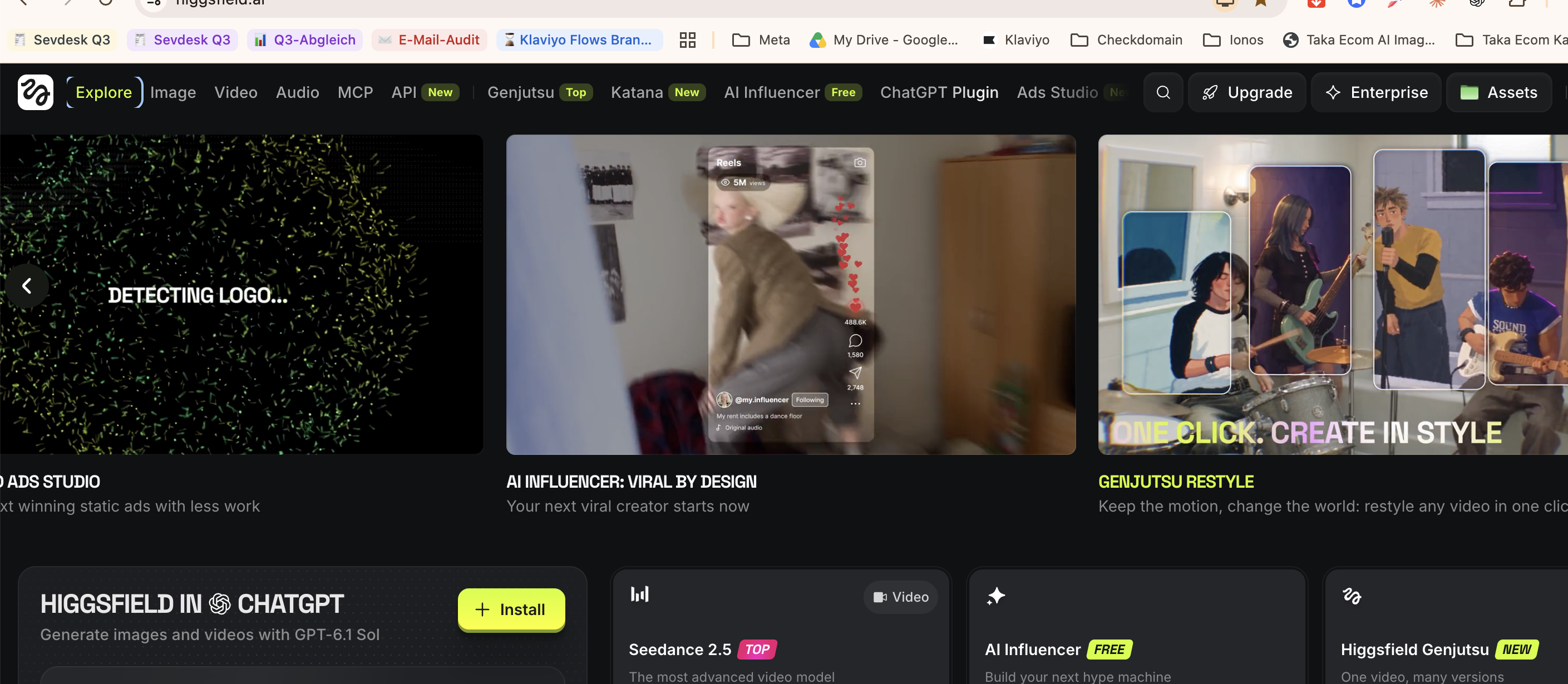 Higgsfield homepage featuring its AI Influencer: Viral by Design campaign